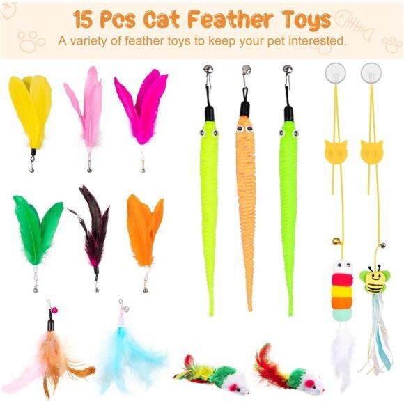 Cat Wand Toy, 15 Pcs Interactive Cat Feather Toys for Indoor Self Play - Picture 4 of 8